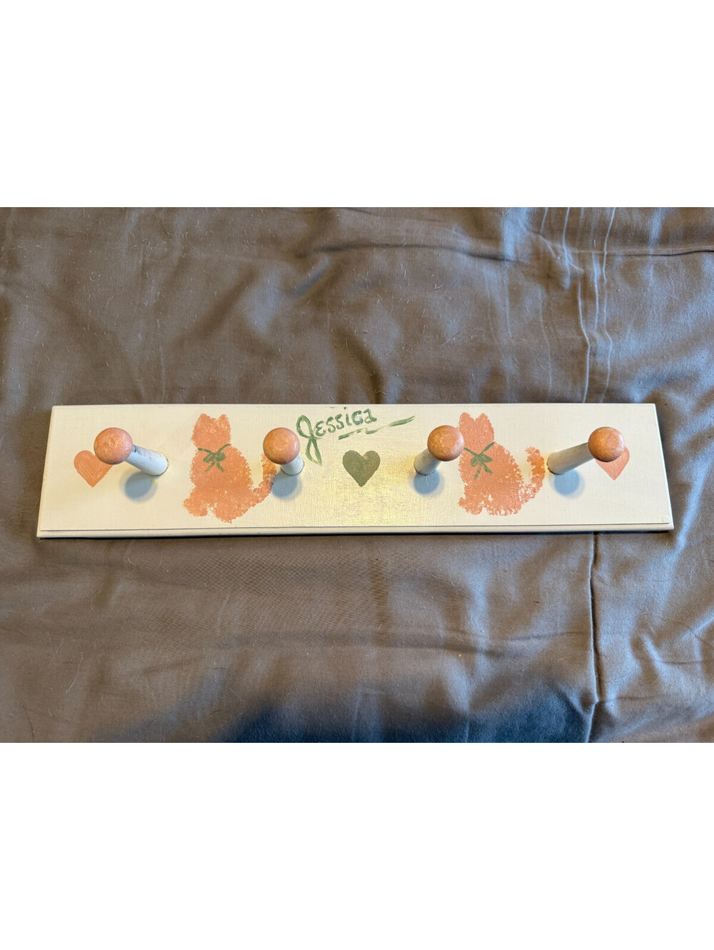 Vintage Hand Painted JESSICA Wood Peg Rack 4 Hook Wall Coat Hanger Country Folk